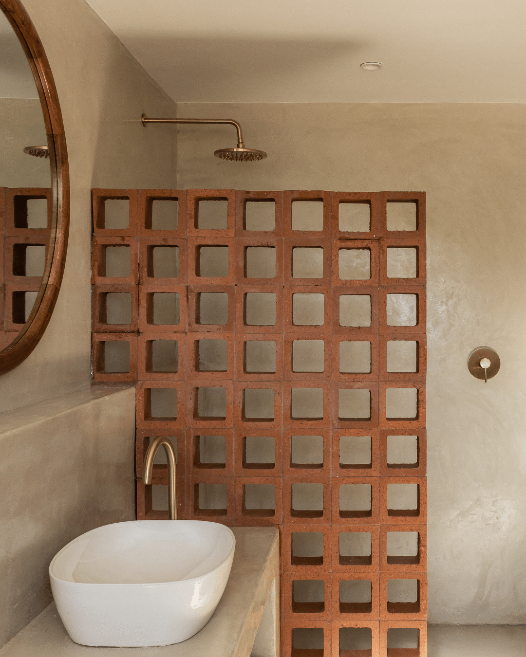 Klay terracotta Single Pane square screen block used as a shower screen wall